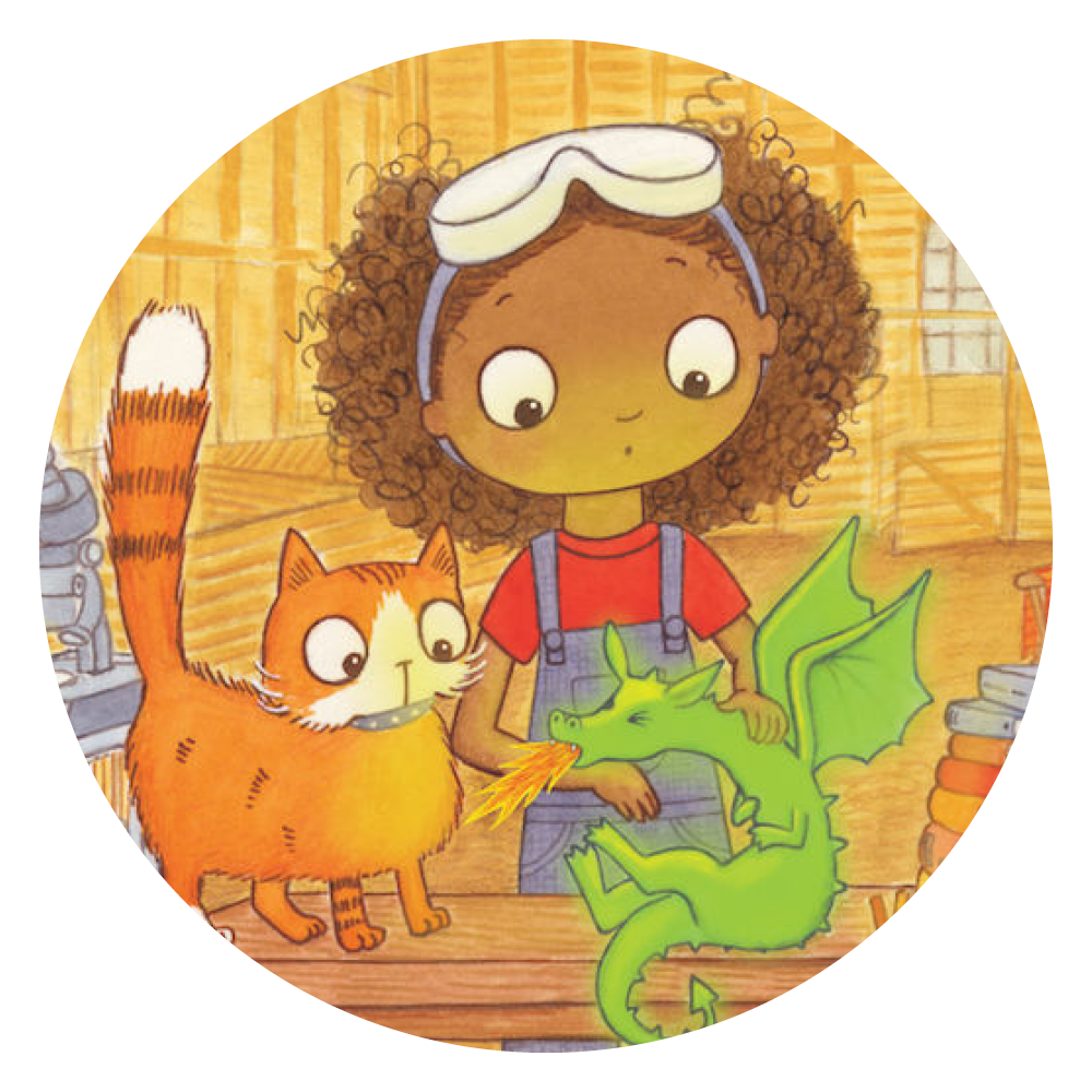 illustration of young girl in science goggles with cat and small green dragon breathing fire