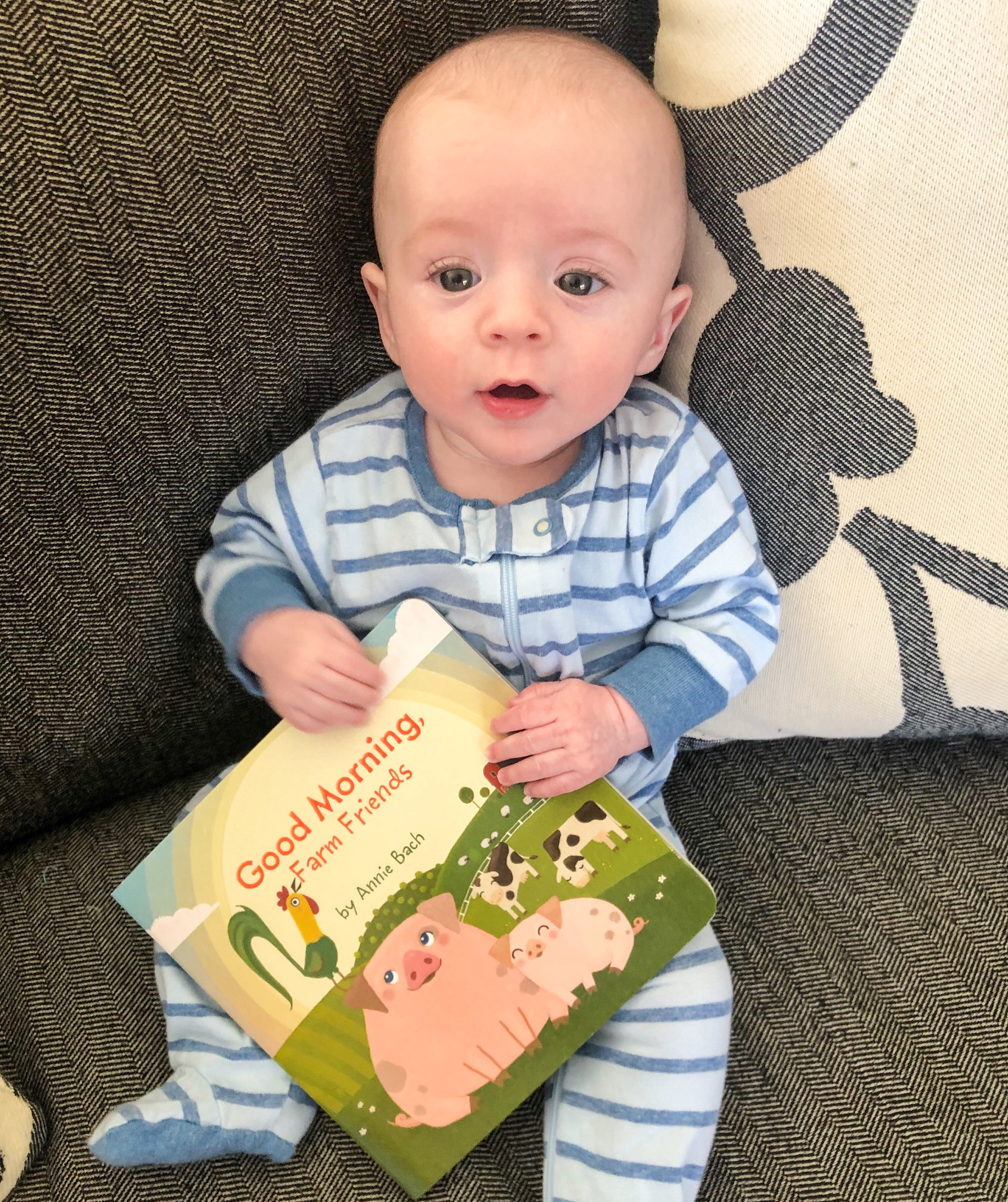 Lawson (5 months) holding Good Morning Farm Friends book. 