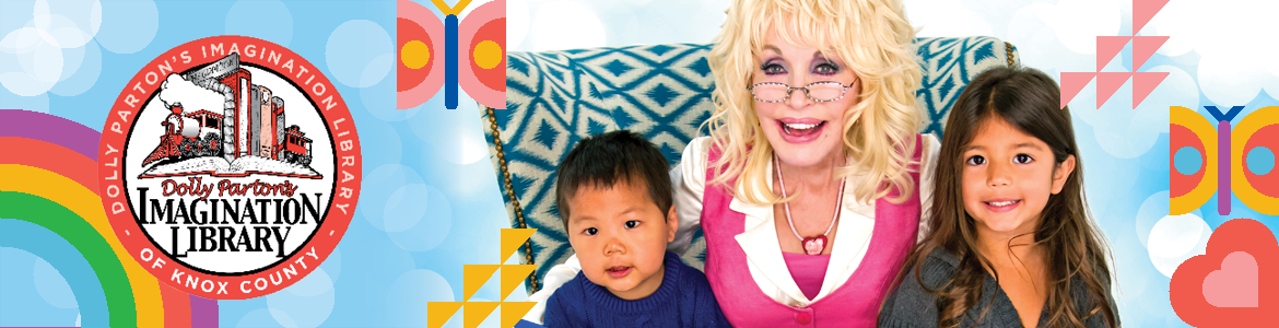 Dolly Parton Imagination Library header showing Dolly smiling with two young children