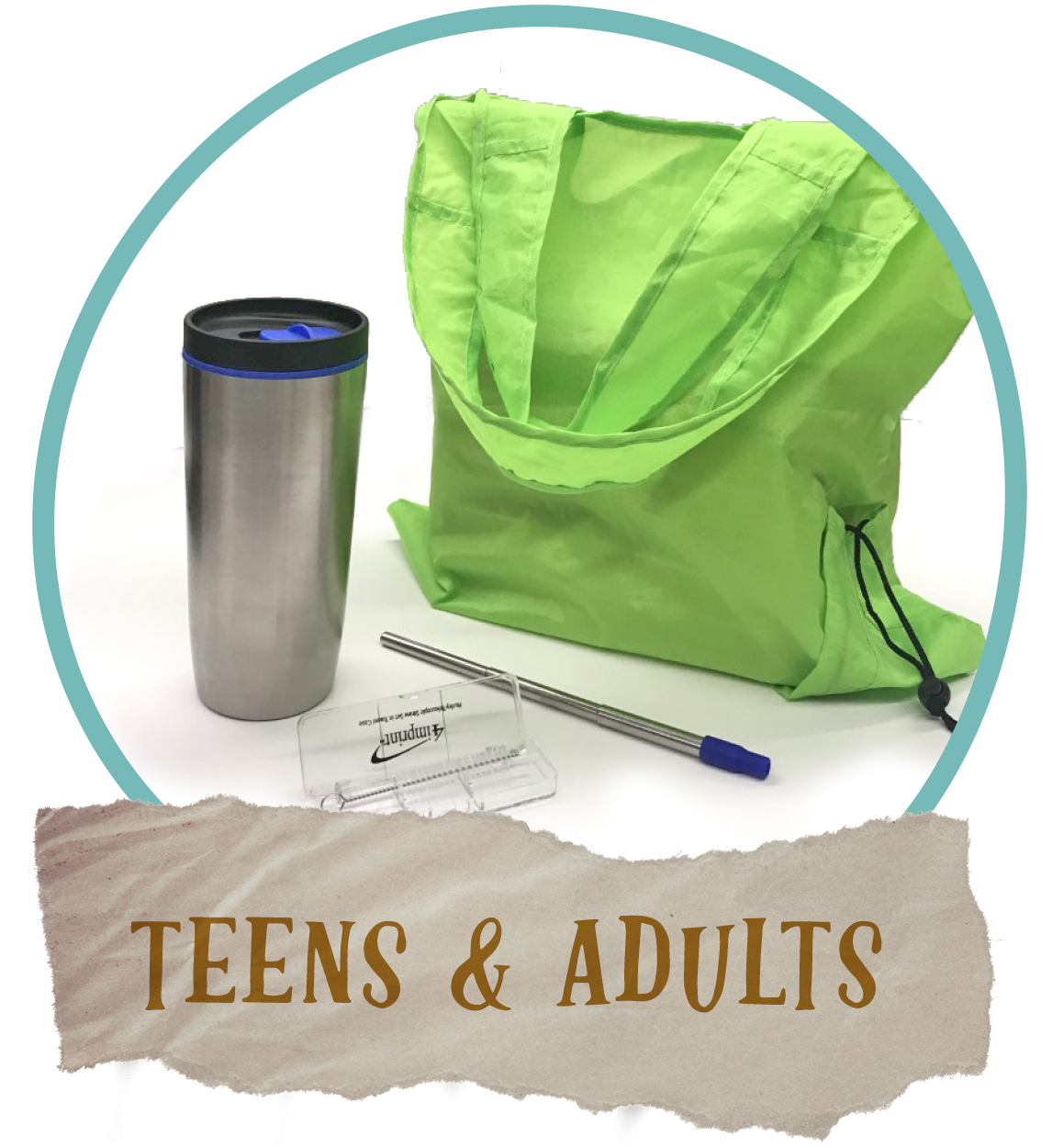Read City Teens & Adult Prizes, reusable bag, coffee tumbler, and reusable straw. 
