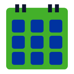 Green and blue calendar graphic. Calendar of events