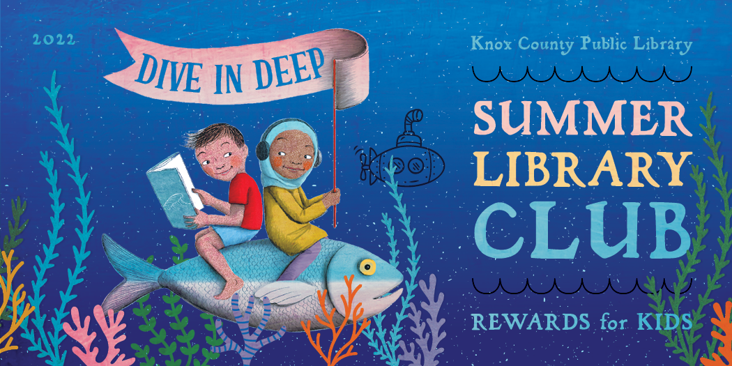 Summer Library Club Rewards for Kids book cover with illustration of children underwater on a fish and a banner reading "Dive in Deep"