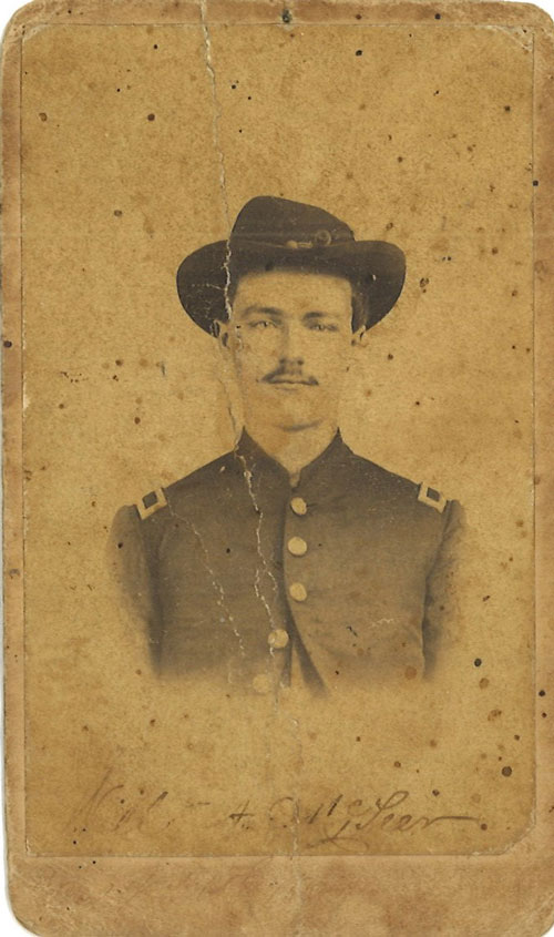 Carte de visite of a man in a US Army uniform. The man's name is hand-written below his portrait "Will A. McTeer"