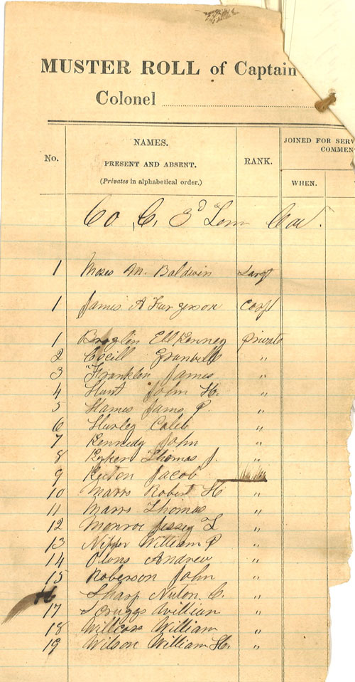Page from a Civil War muster roll