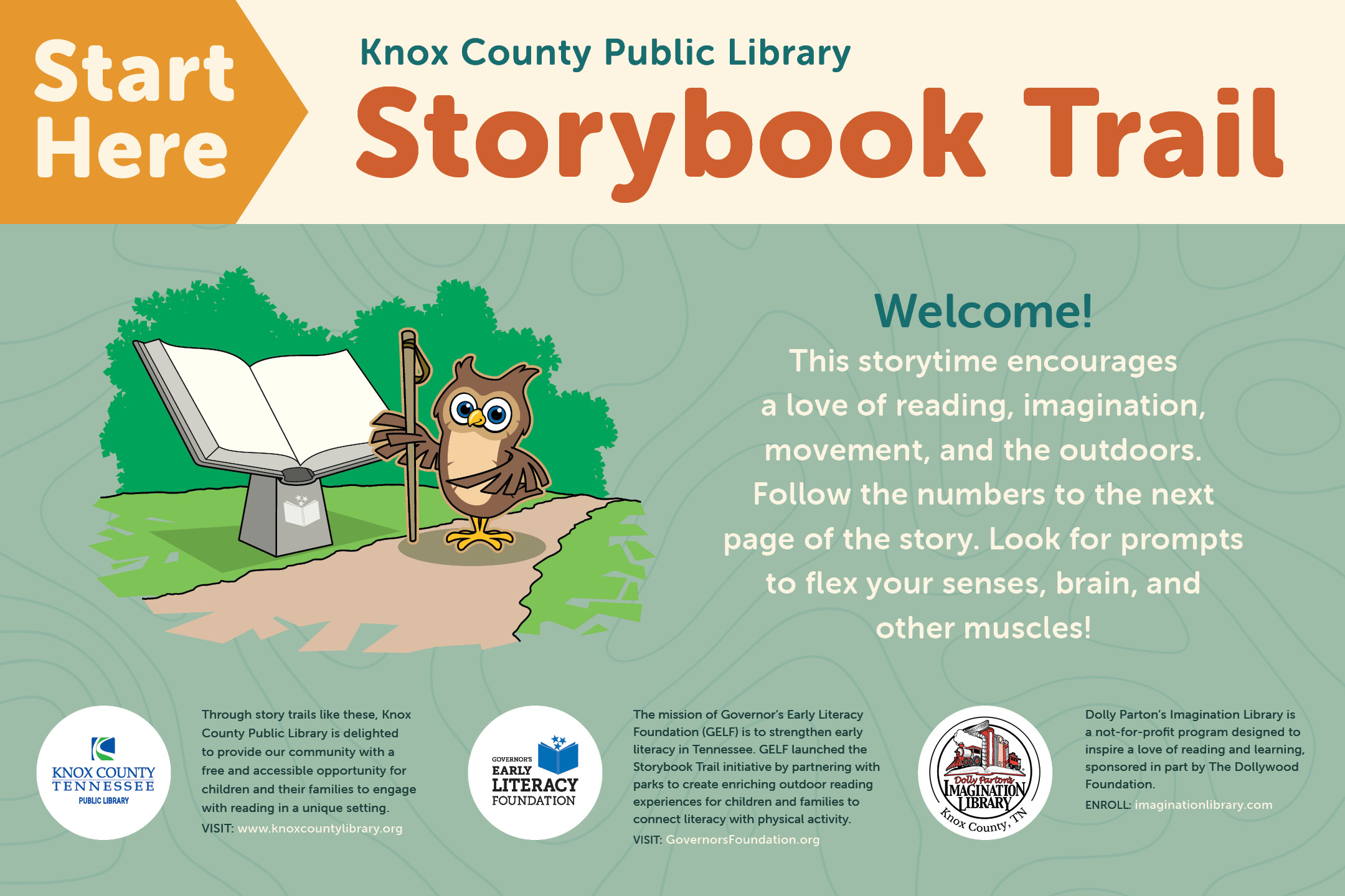Sample of a Storybook Trail welcome panel, reading "Start here" and "Welcome!"