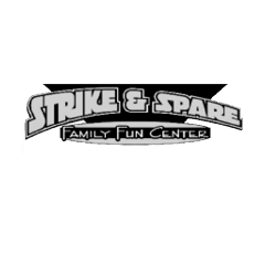 Strike and Spare Black and White logo reading "Strike and Spare Family Fun Center"