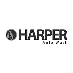 Harper Auto Wash logo in black, gray, and white with the name of the business and a road winding through a water drop