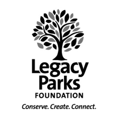 Black, white, and grey Legacy Parks Foundation Logo that reads "Conserve. Create. Connect."