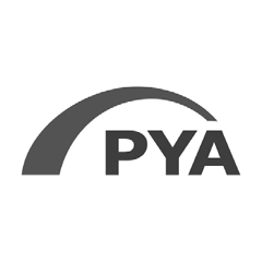 PYA logo in black, white, and gray