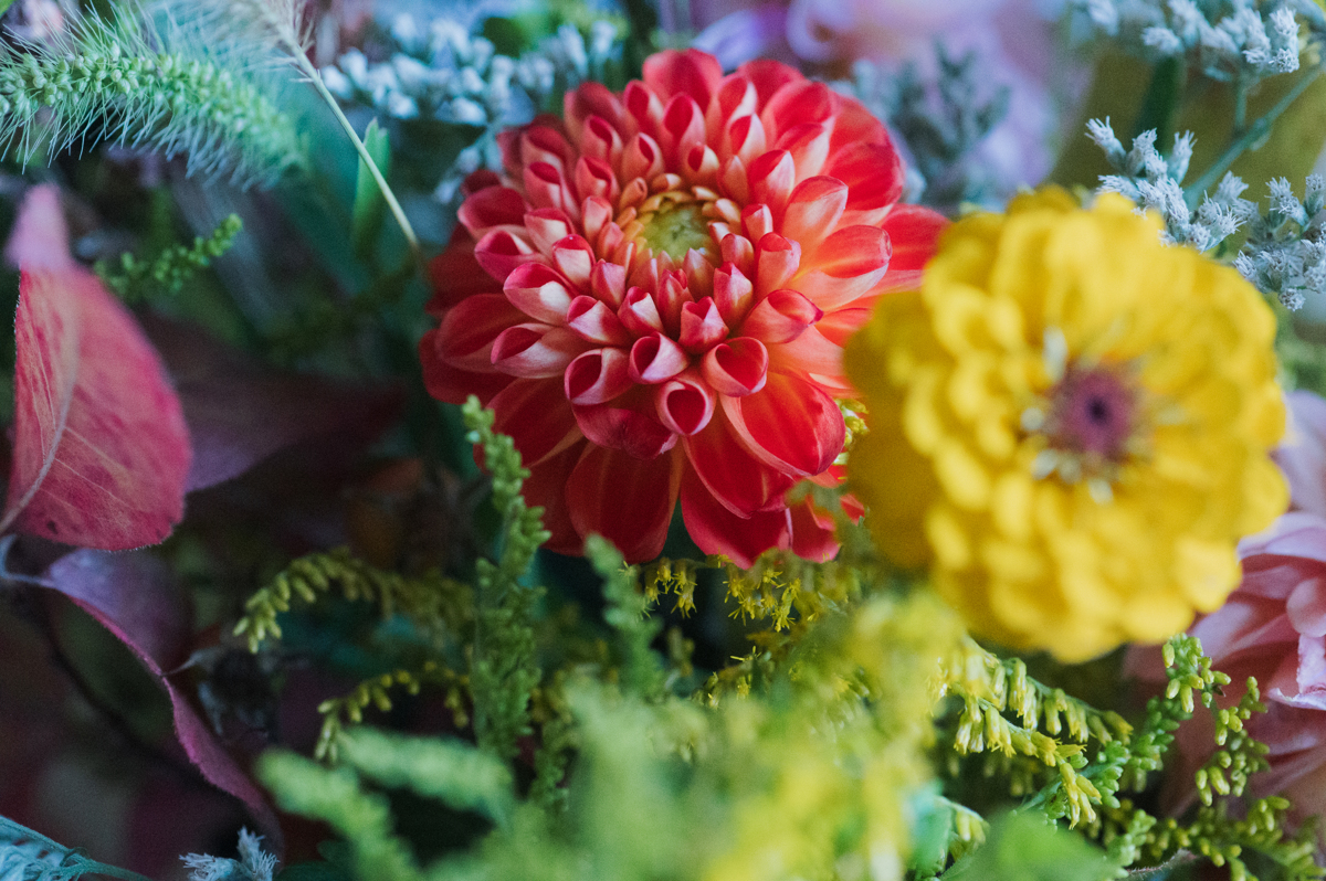 photo of mixed florals, including red and yellow dahlias
