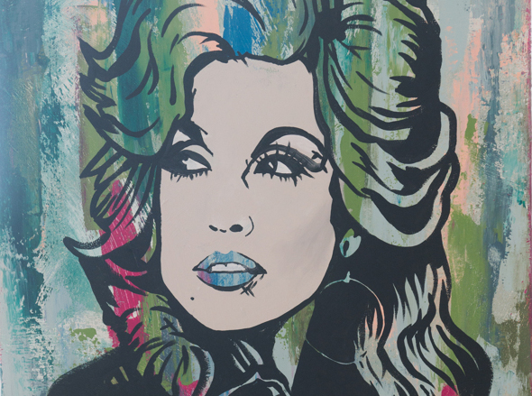 Painting of Dolly Parton with heavy black cartoon-like outline over a background of blue and pink loosely painted stripes