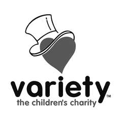 Grayscale Variety logo reading "Variety the children's charity"