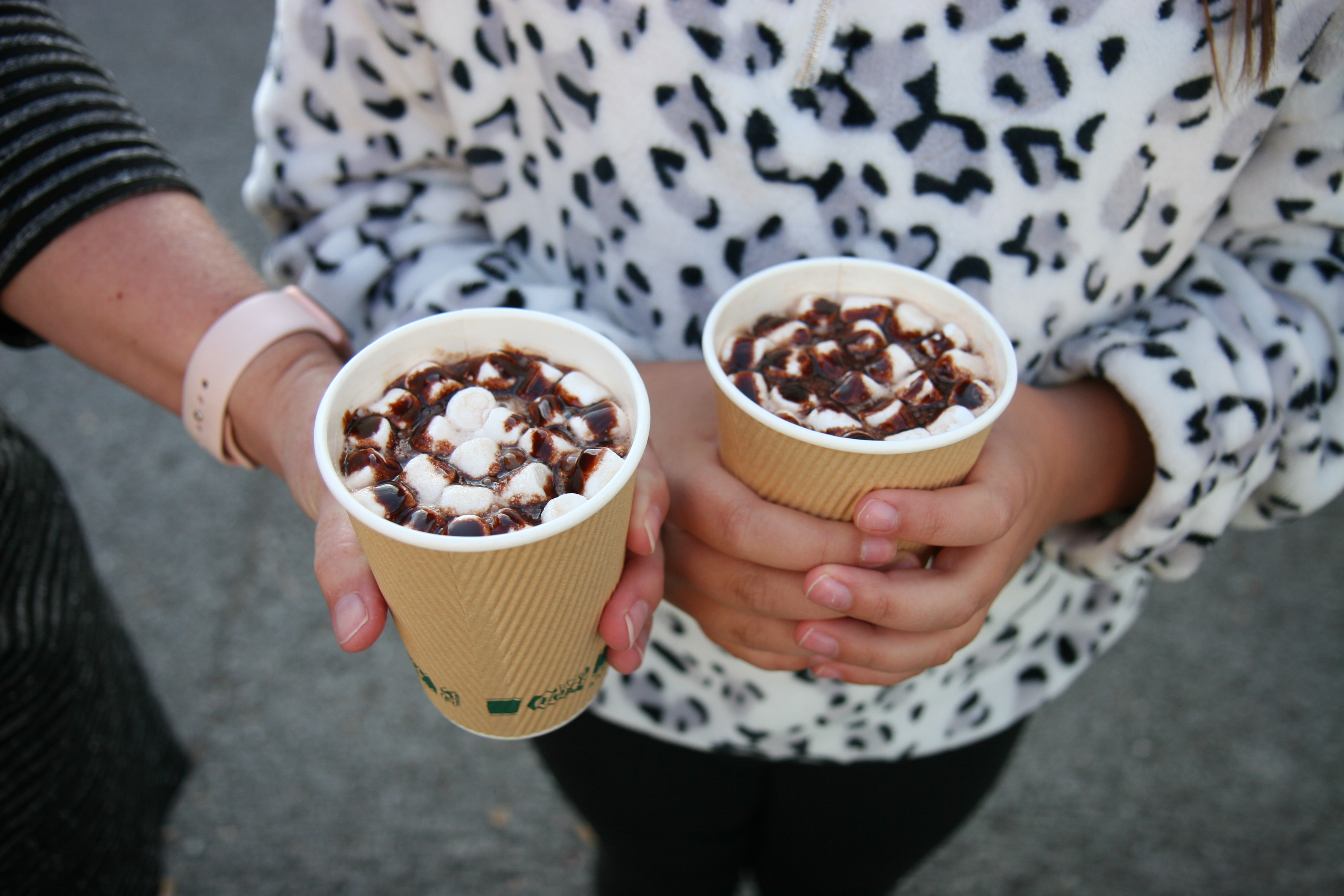photo of mother and daughter each holding a cups of hot chocolate with marshmallows