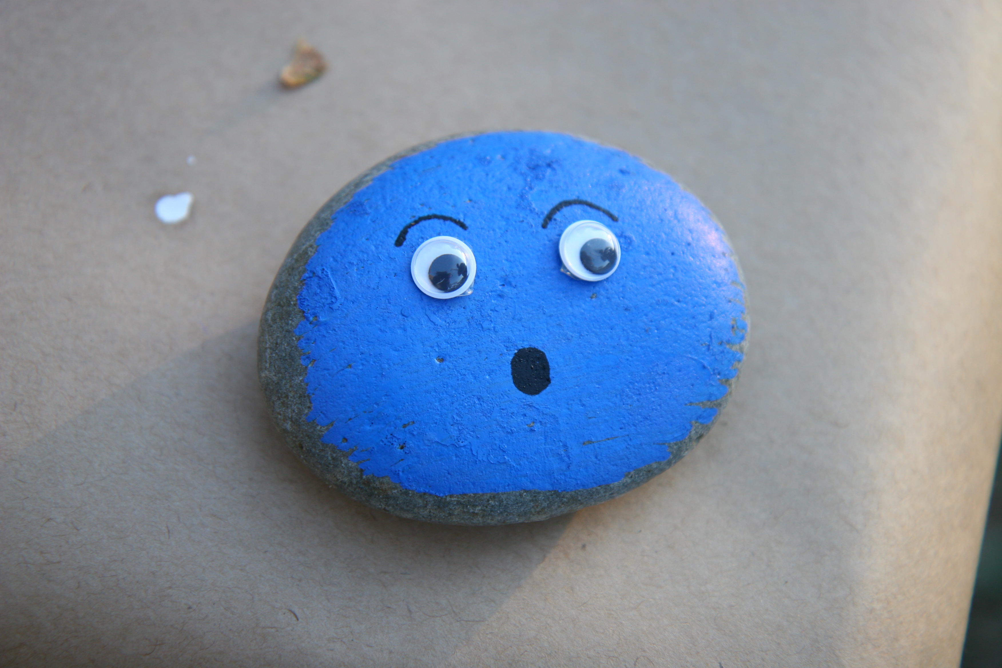 rock painted blue with a surprised face
