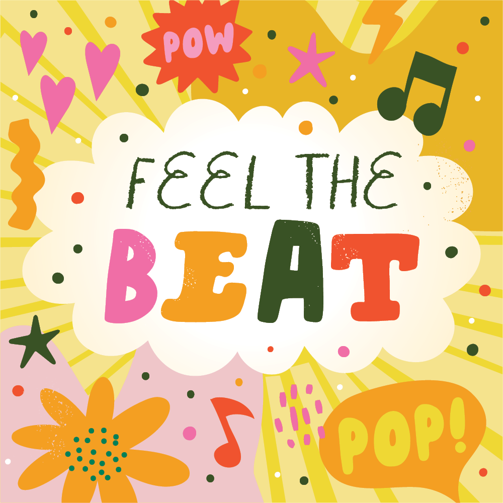 Feel the Beat image with hearts, stars, and comic-style bursts "Pow" and "Pop"