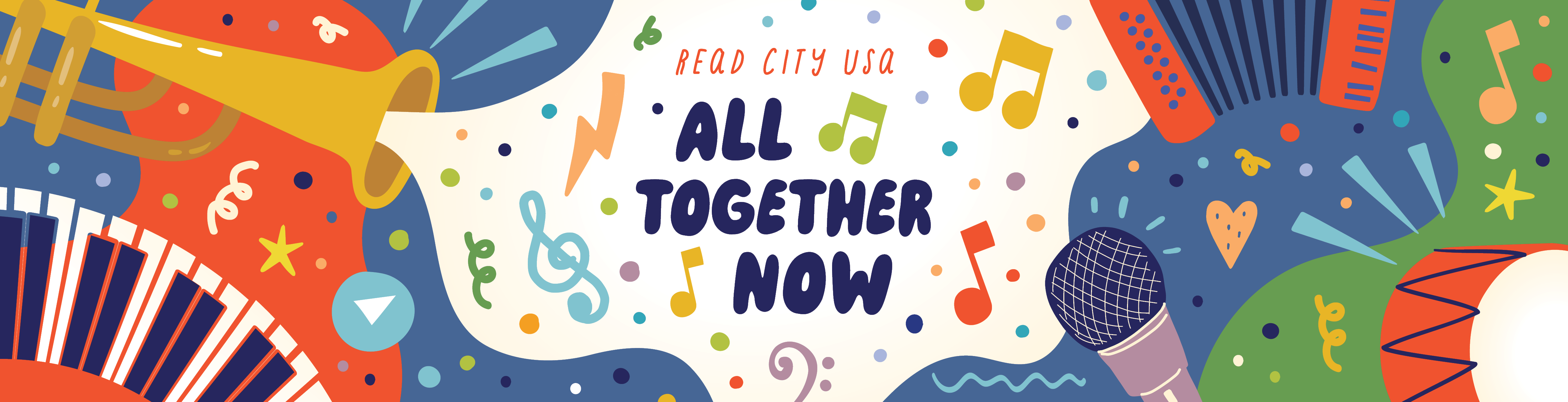 Read City USA All Together Now with images of a trumpet, accordion, drum, microphone, piano and musical notes and symbols