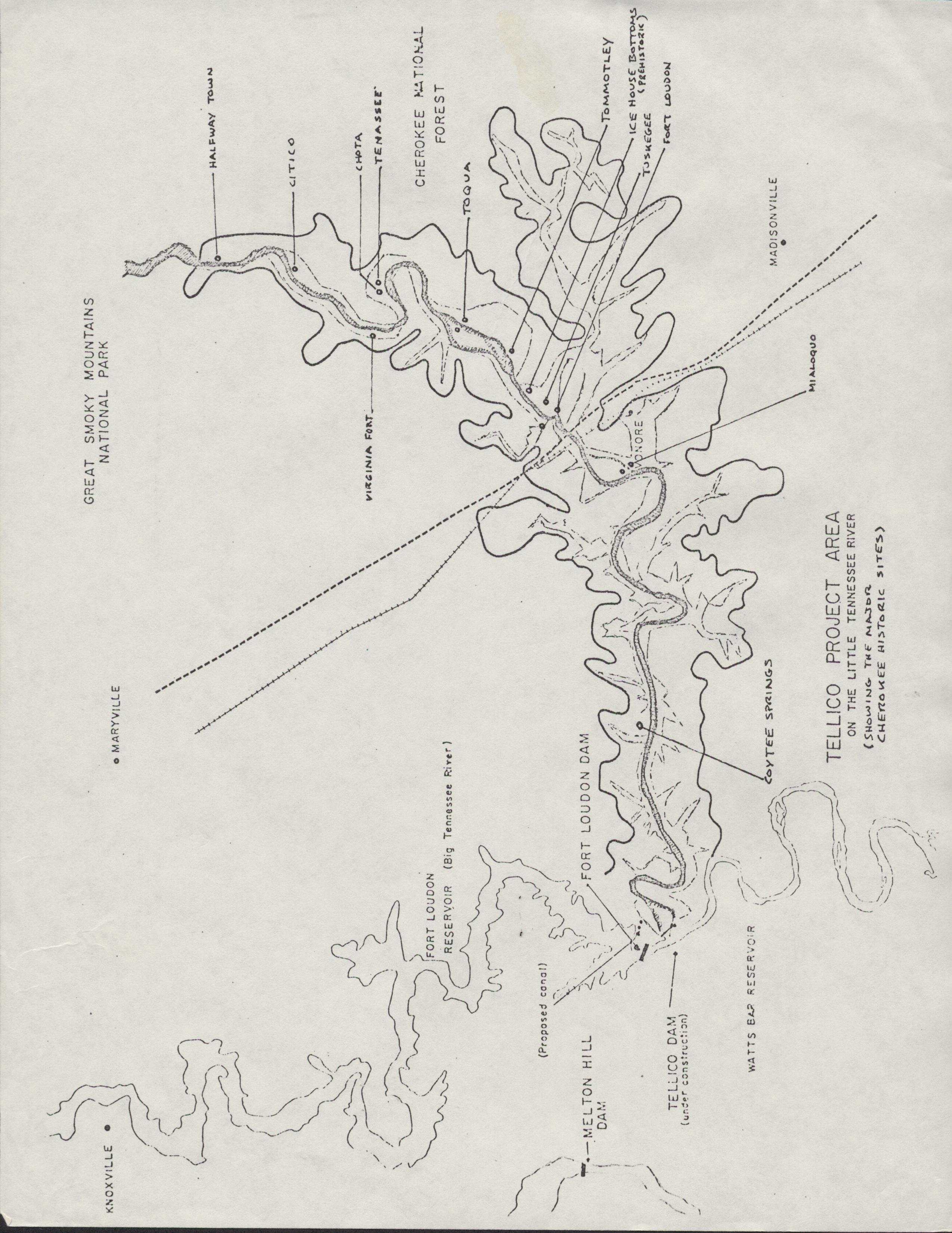 Black-and-white line drawing map of "Tellico Project Area on the Little Tennessee River (showing the major Cherokee historic sites)"