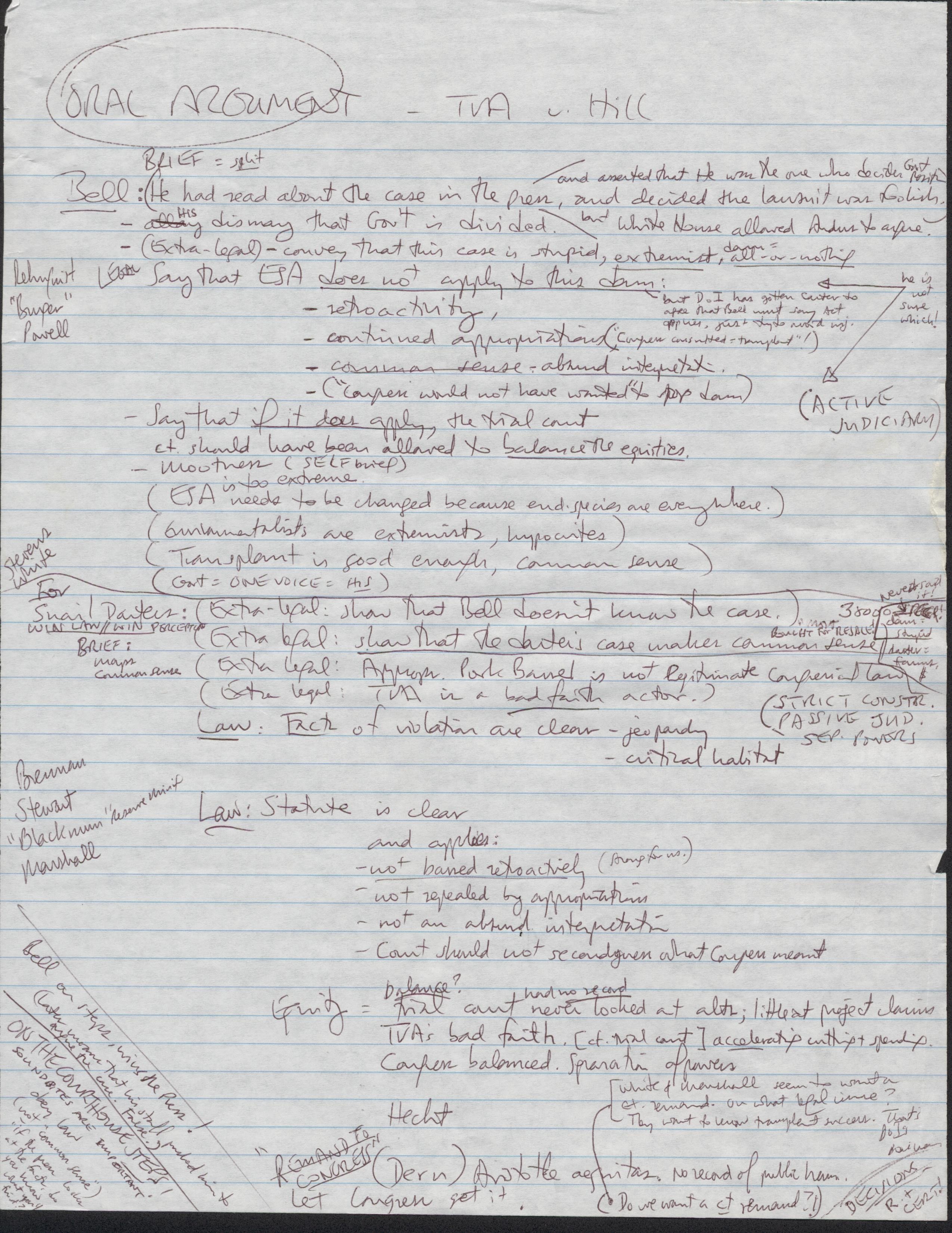 Page of note paper with handwritten notes, at top of page is written "ORAL ARGUMENT"