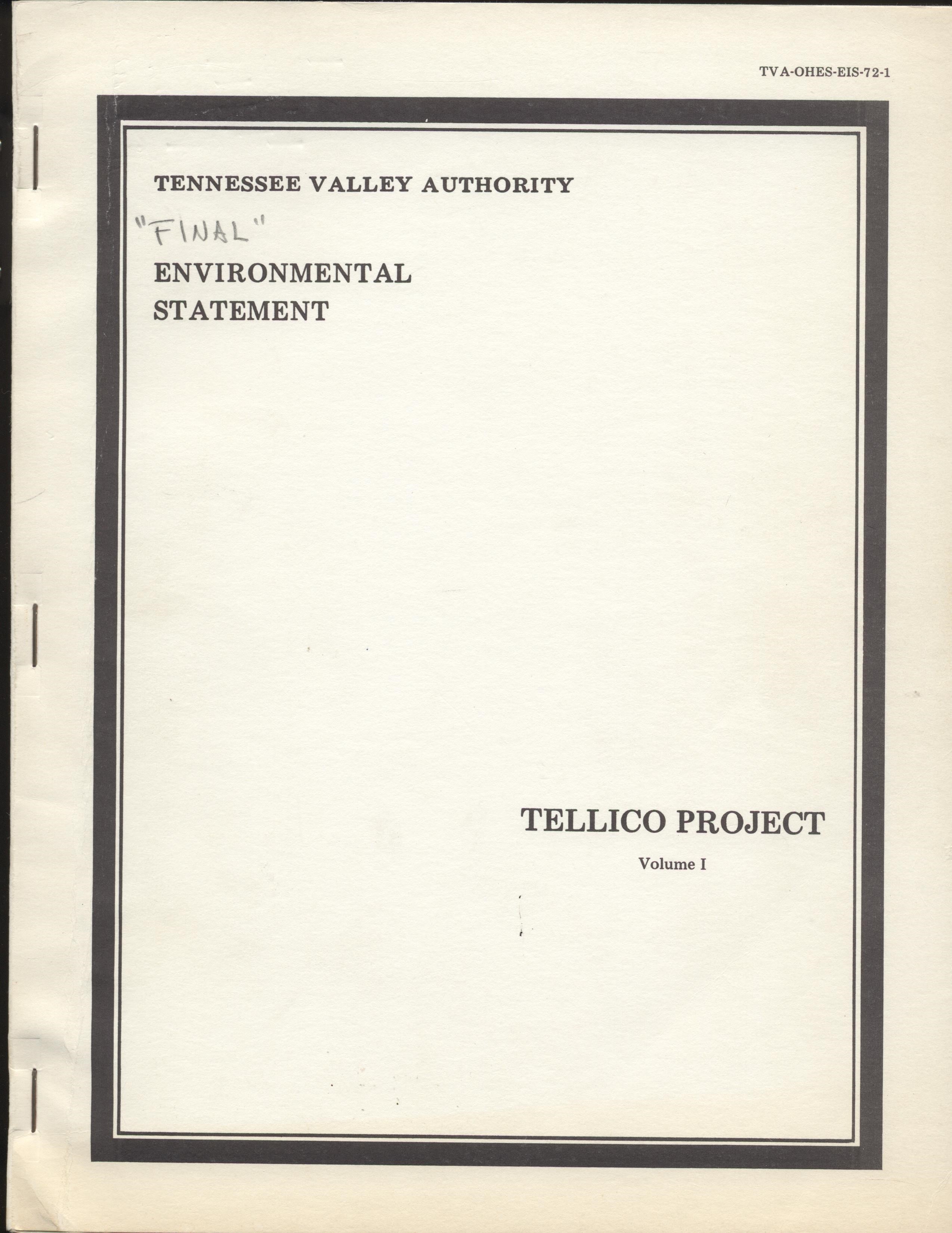 Cover of the Tennessee Valley Authority Environmental Statement on the Tellico Project