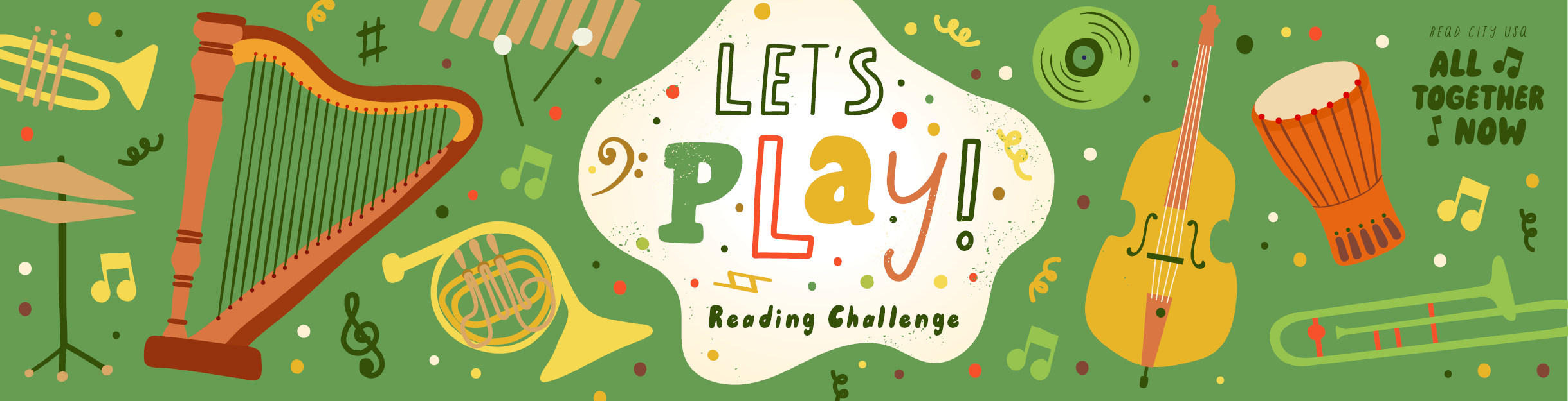 Let's Play! Reading Challenge with colorful graphics of orchestral instruments