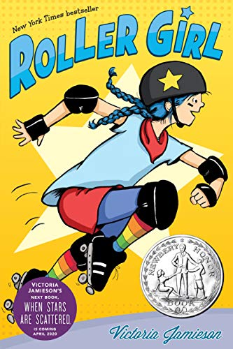 cover of Roller Girl with illustration of young girl racing forward in roller skates, knee pads, and helmet