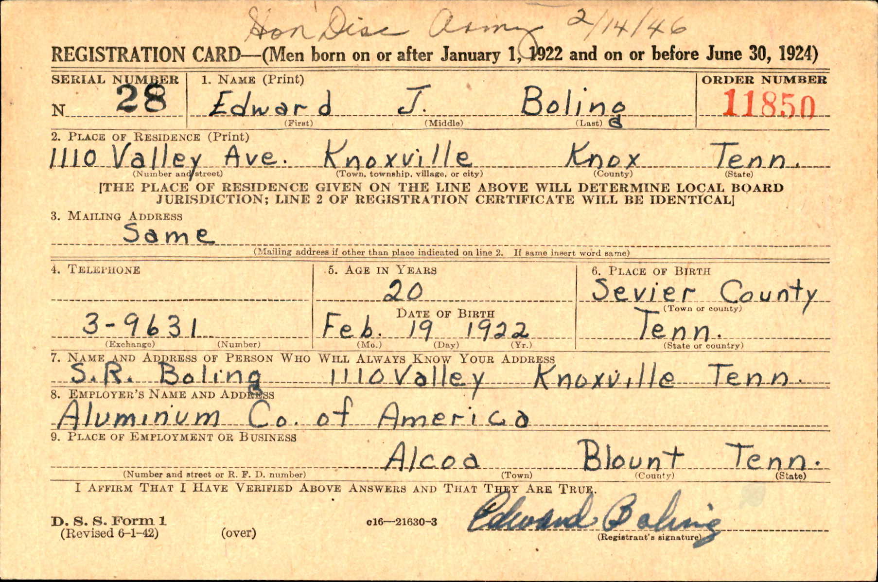 Edward Boling registration card, World War II