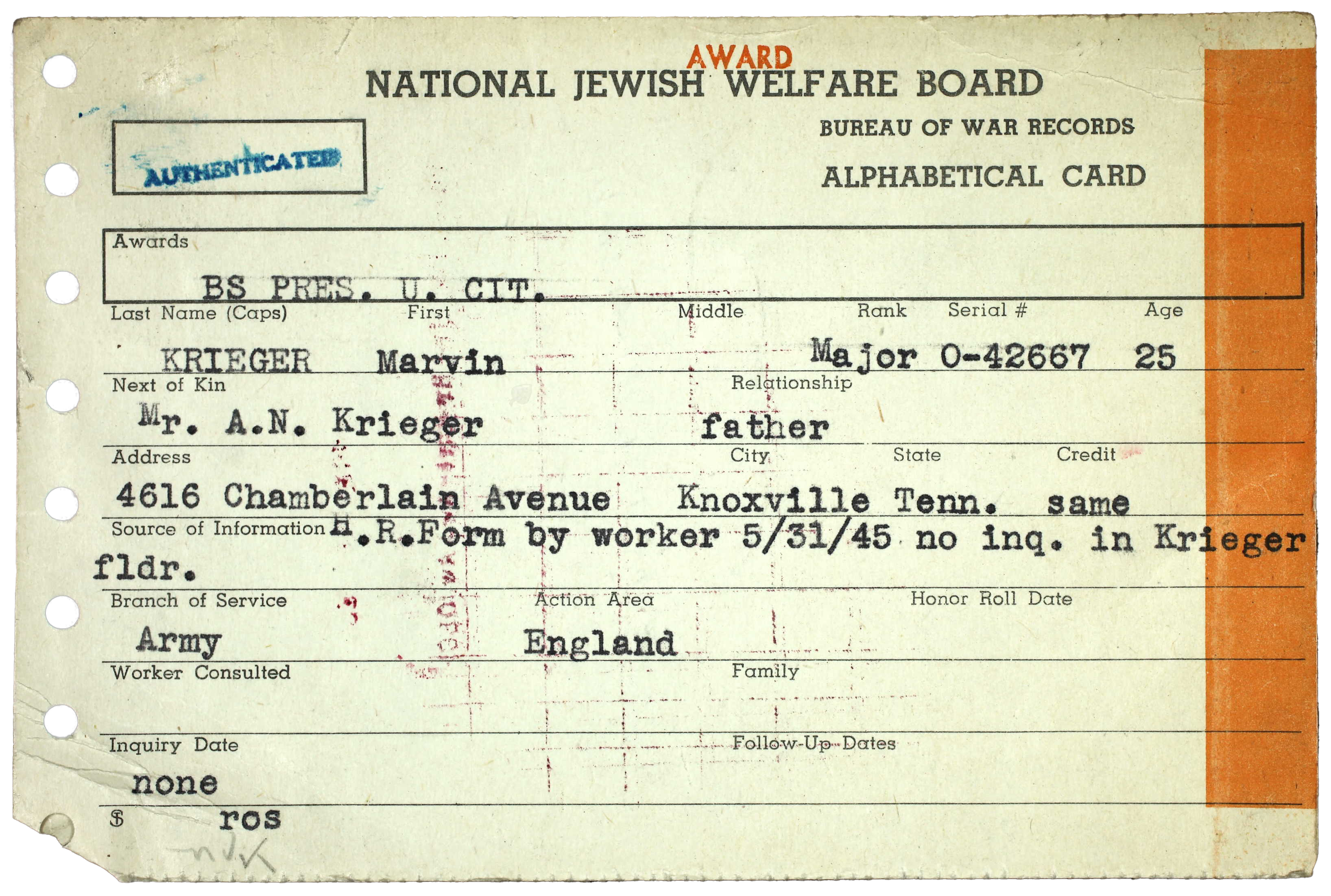 Marvin Krieger, National Jewish Welfare Board serviceman card