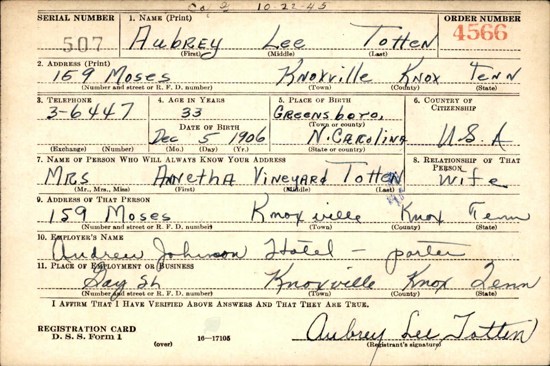 Aubrey Lee Totten's registration card, World War II