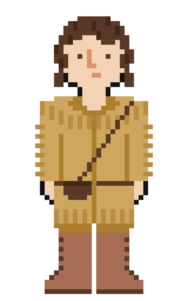 pixelated game character in a frontiersman's suit