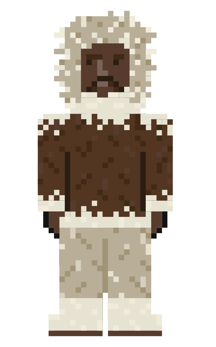 pixelated game character in a fur snowsuit
