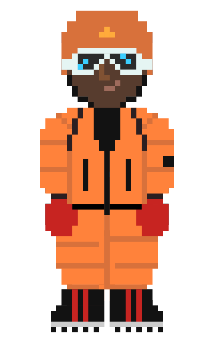pixelated game character in a fur snowsuit