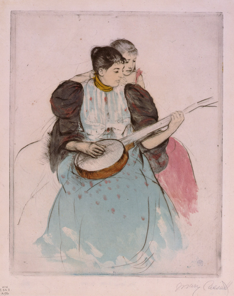 Painting of a banjo lesson. "No Known Restrictions: The Banjo Lesson by Mary Cassatt (LOC)" by pingnews.com is marked with Public Domain Mark 1.0.