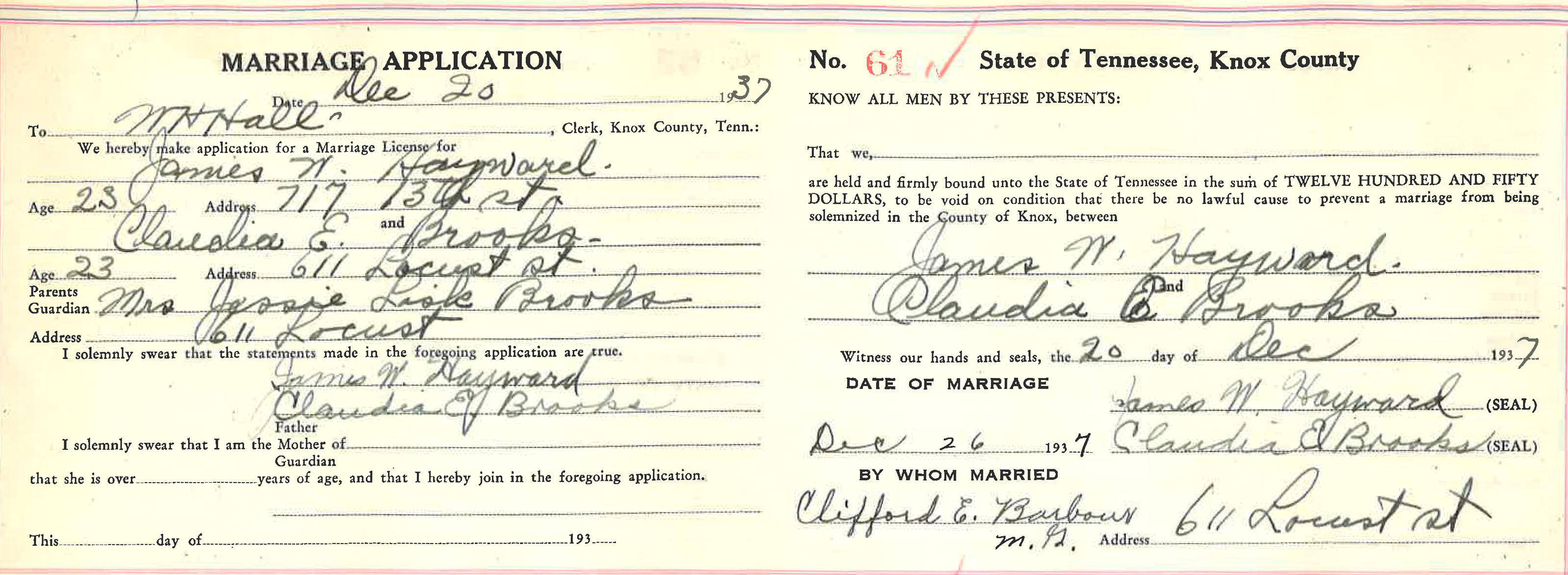 Marriage Application, Claudia Brooks and James W. Hayward, Knox County Archives