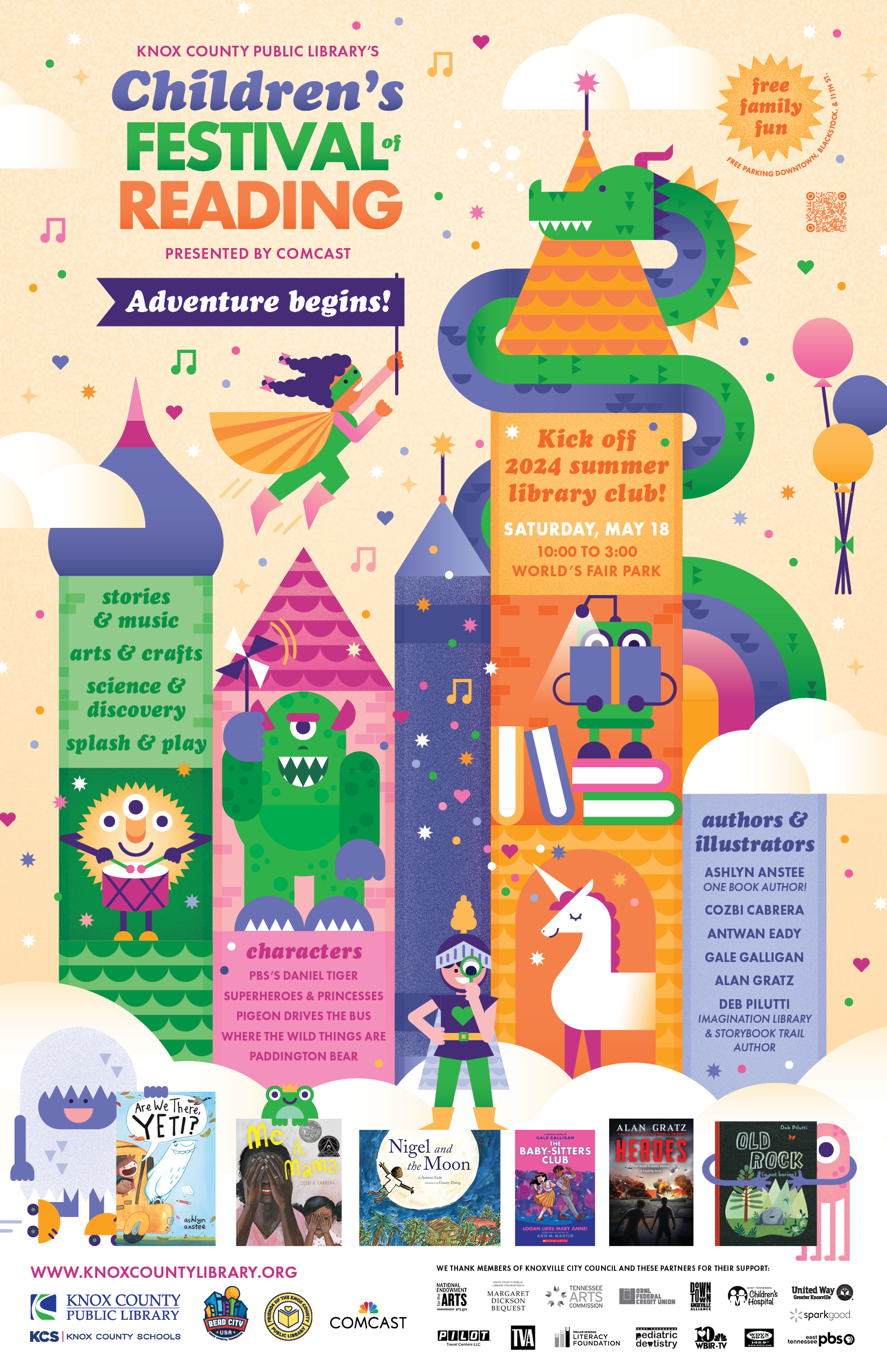 Children's Festival of Reading poster - Adventure begins! colorful graphics of dragon, superhero, unicorn, robot, ogre, and knight.