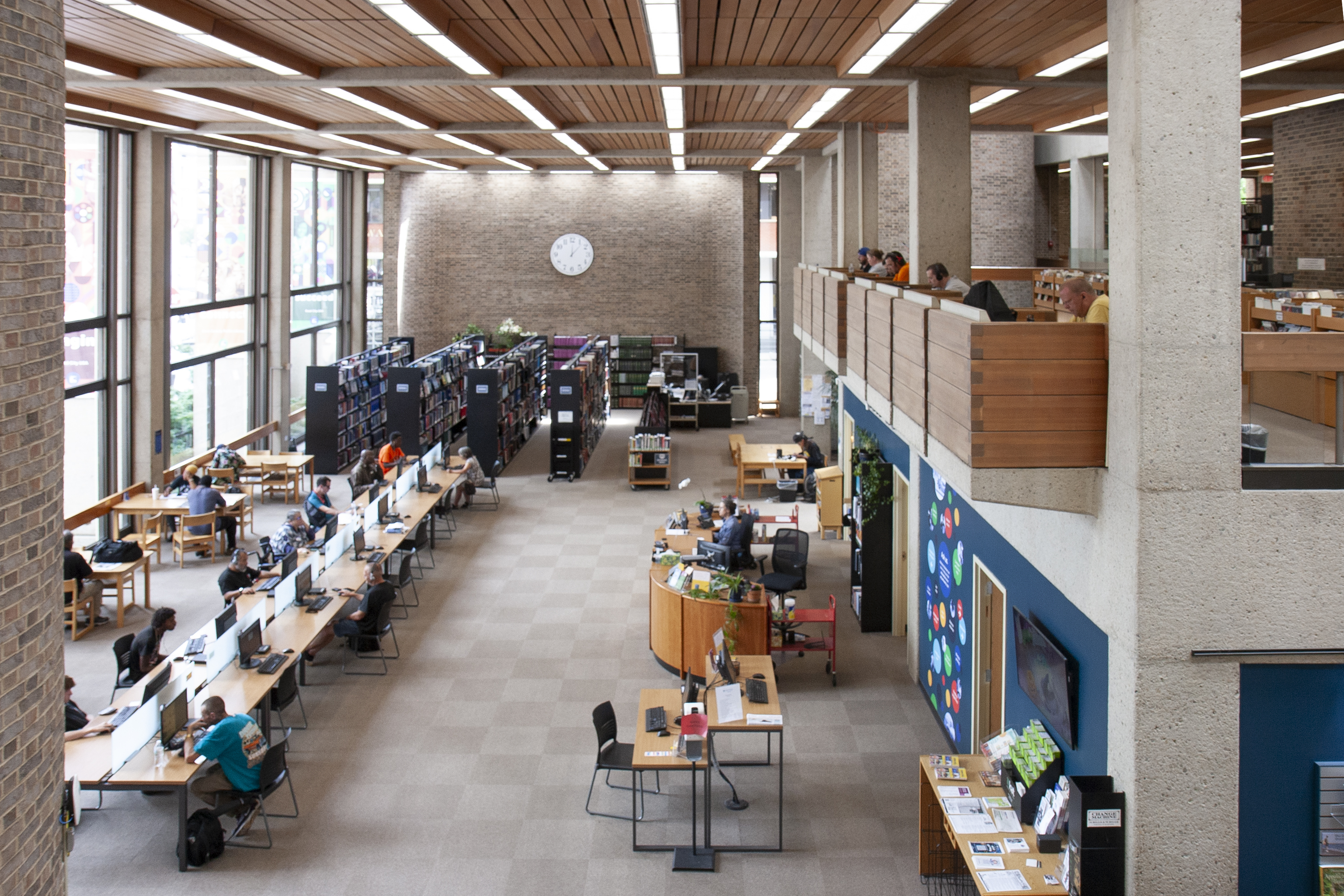 photo looking down on open interior library space