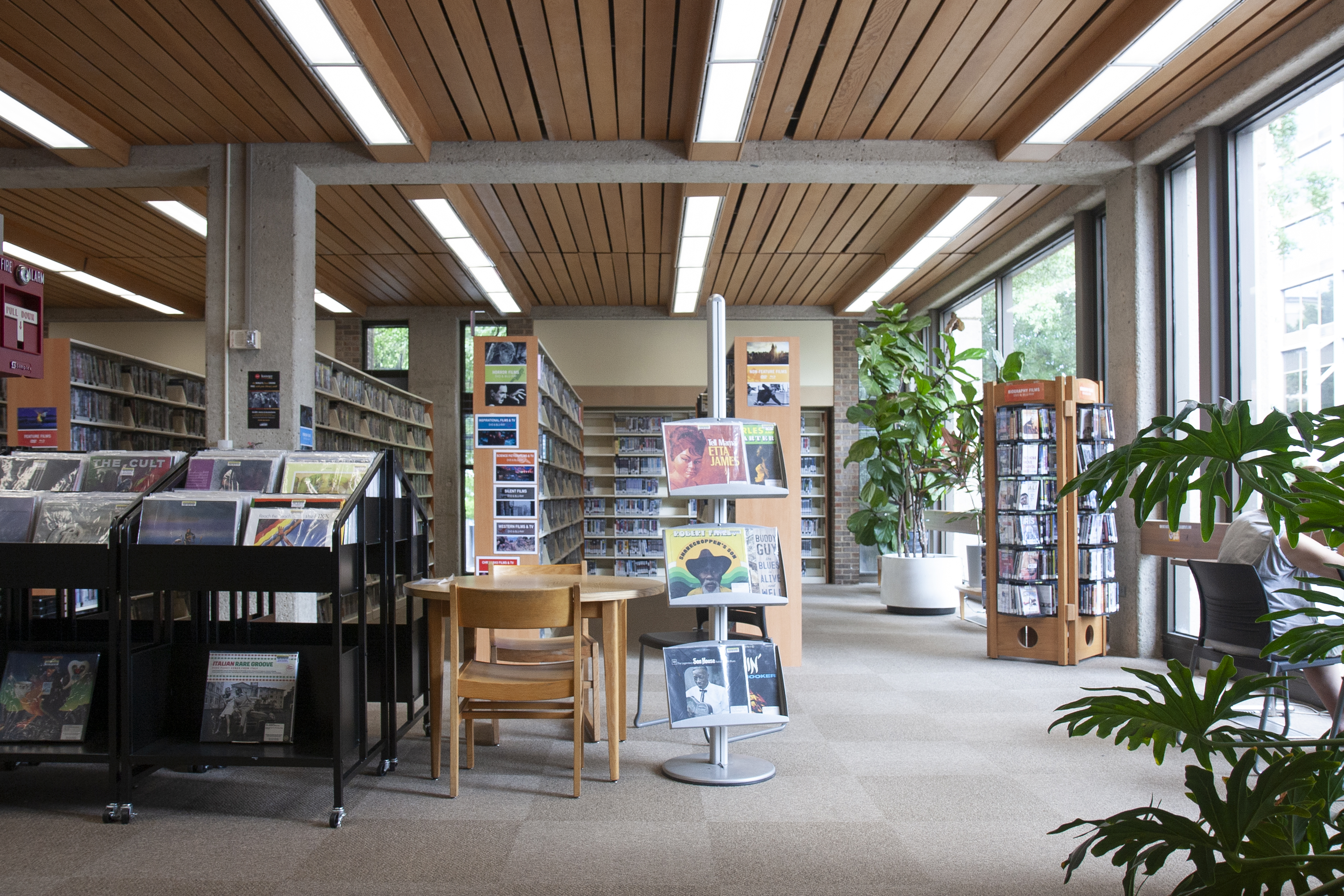 photo of light-filled media area in library