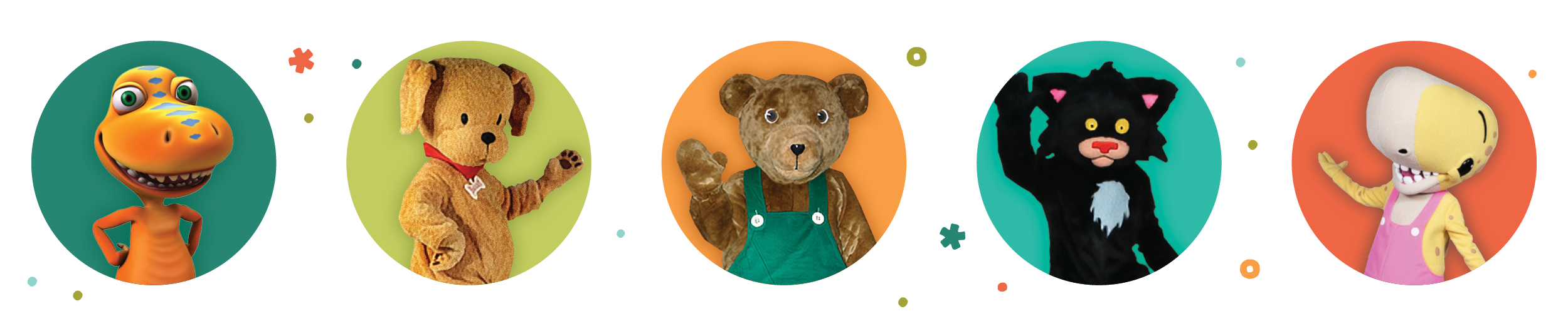 thumbnail images of Buddy from Dinosaur Train, Biscuit, Corduroy, Bad Kitty, and Penelope Rex