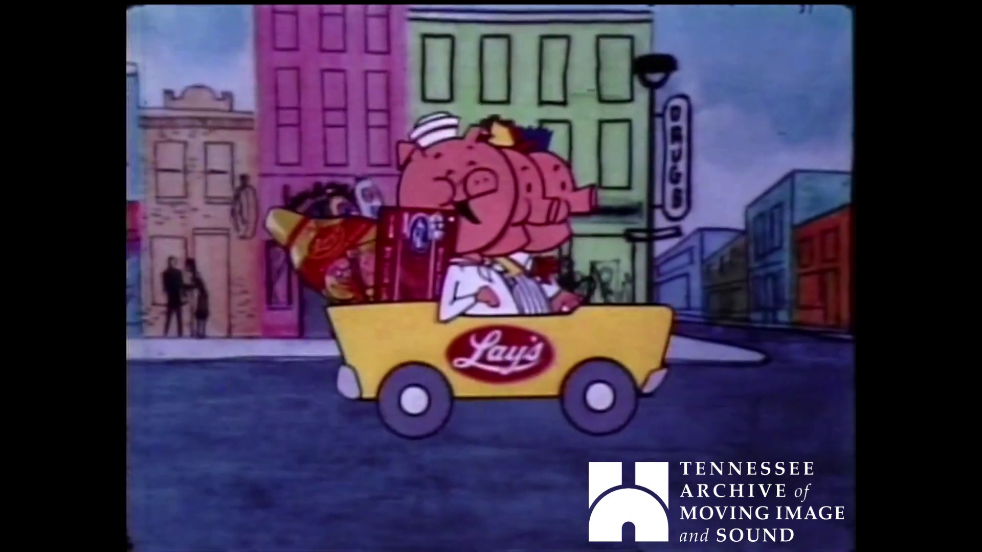 Lays Meat Company wagon carrying pigs, cartoon