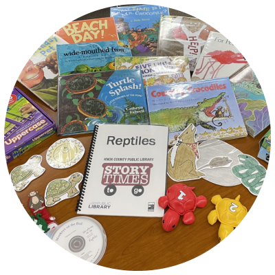 photo of books, turtle-shaped bean bags, flannel board elements, and cds