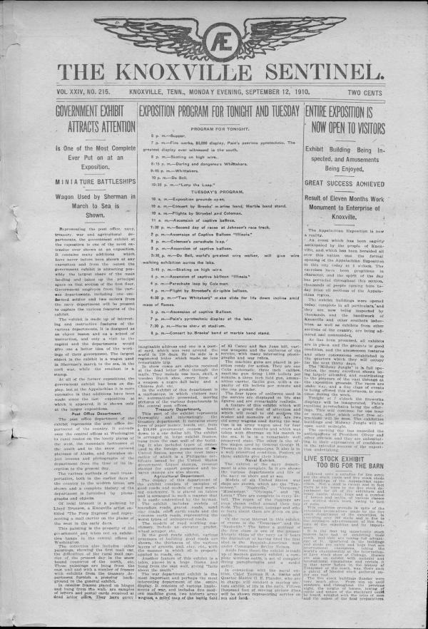 Front page of the September 12, 1910 Knoxville Sentinel Appalachian Exposition Section
