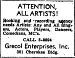 A vintage newspaper classified ad solicits talent for a Knoxville, TN, recording company