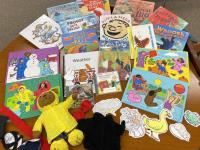 photo of books, puppet, cutouts, puzzles and other weather-related manipulatives
