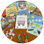 photo of books, flannelboard story elements, puzzles, a cd, and a model of the parts of a flower