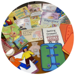 photo of books, a cd, magnetic paper doll elements, a demonstration of buckles, a demonstration of snap-fasteners, and a shoe-lacing demonstration