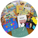 photo of books, flannelboard story elements, magnetic number board, puzzles, chalkboard and chalk