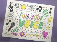 coloring sheet with the words Find Your Voice and graphics of music notes, microphone, treble cleft, heart, stars