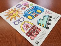 Summer Library Club coloring sheet with sun, sunglasses, rainbow, roller skate, boombox, ice cream