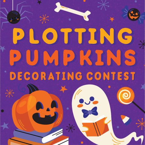 Halloween graphical image of a Jack O' Lantern sitting on books and a ghost reading a book with the words "Plotting Pumpkins Decorating Contest".