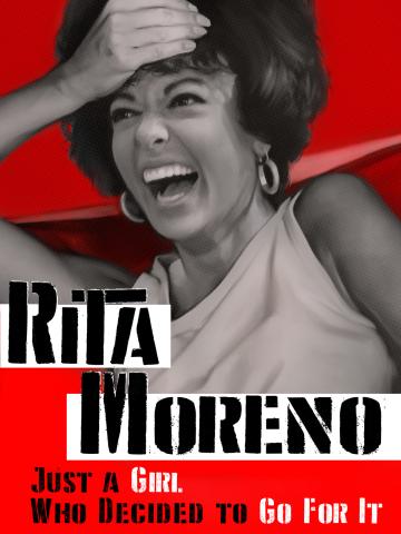 film poster for Rita Moreno - photo of smiling Moreno on red background