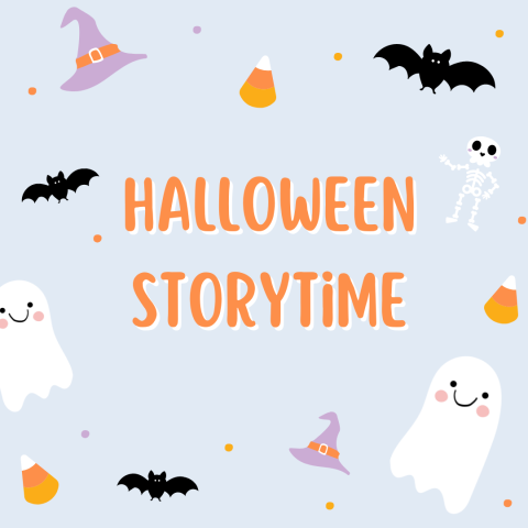 A graphic for the Halloween Storytime containing a grey background, bats, ghosts, candy corn and witches hats.